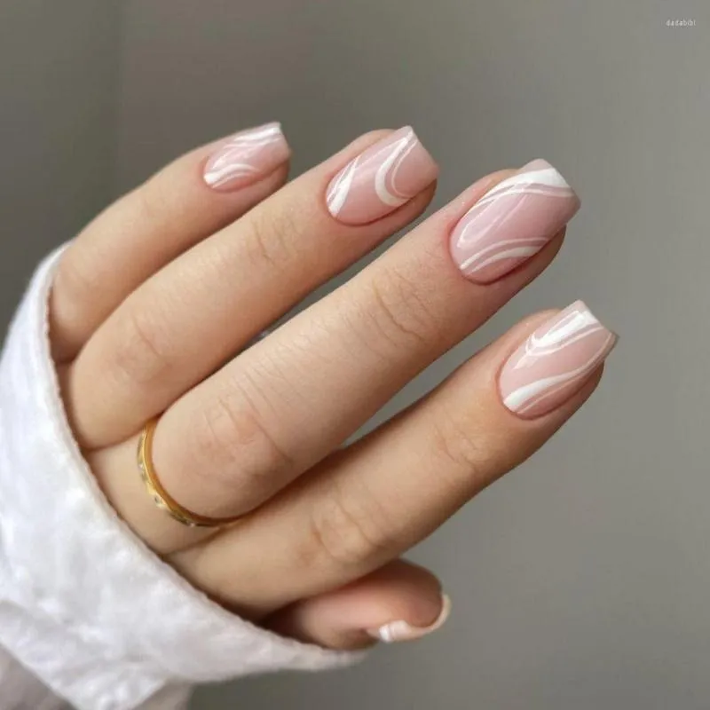 Faux ongles 24 pièces tête carrée courte longue ballerine française fausses lignes ondulées simples appuyez sur la couverture complète bouts d'ongles détachables