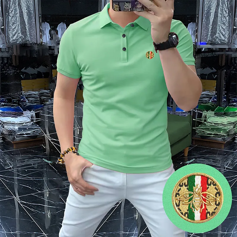 Camisa polo masculina abelha bordado avançado meia manga cores vibrantes lapela t verão algodão fino topo roupas de moda M-4XL