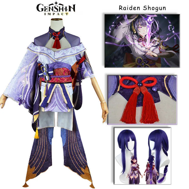 Anime kostuums Genshin Impact Beelzebul Raiden Shogun Cosplay Anime Raiden Shogun Sets Halloween Party Carnival Character Roleplaying Wig Z0301