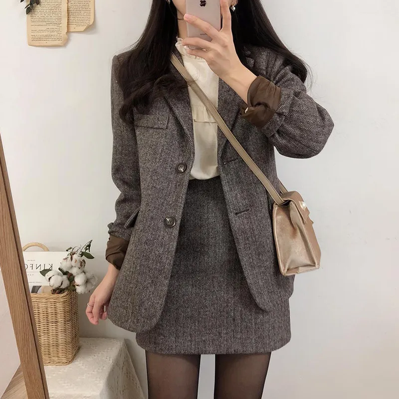 Two Piece Dres Autumn Winter Fashion Woolen Sets Female Long Sleeve Blazer Coats High midje Mini kjolar Dam 2 Suits K14 230306