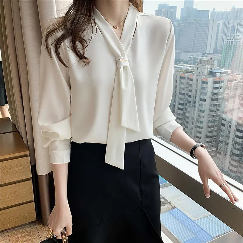 Kvinnors blusar 2023 Fashion Chiffon Women Blus and Tops Office Long Sleeve White Shirts With Tie V Neck Loose Female Clothing