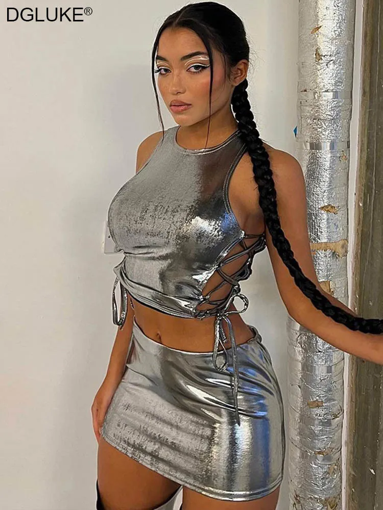Two Piece Dress Metallic Baddie Outfit 2023 Crop Top And Mini