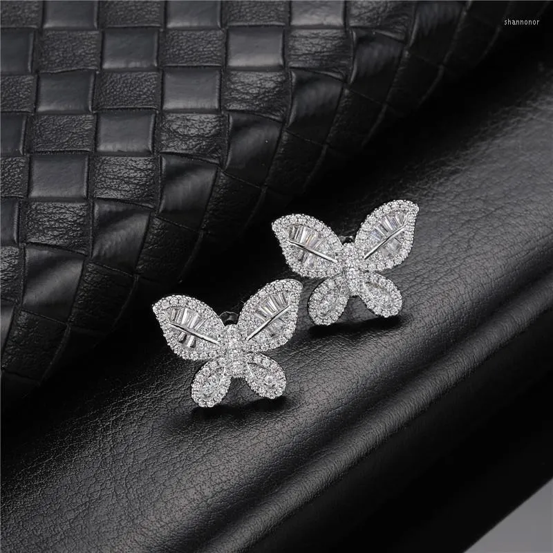 Stud Earrings Hip Hop 1 Pair Butterfly Baguette Cubic Zircon Earring Bling Round Iced Out CZ Stone Copper For Men Women Jewelry