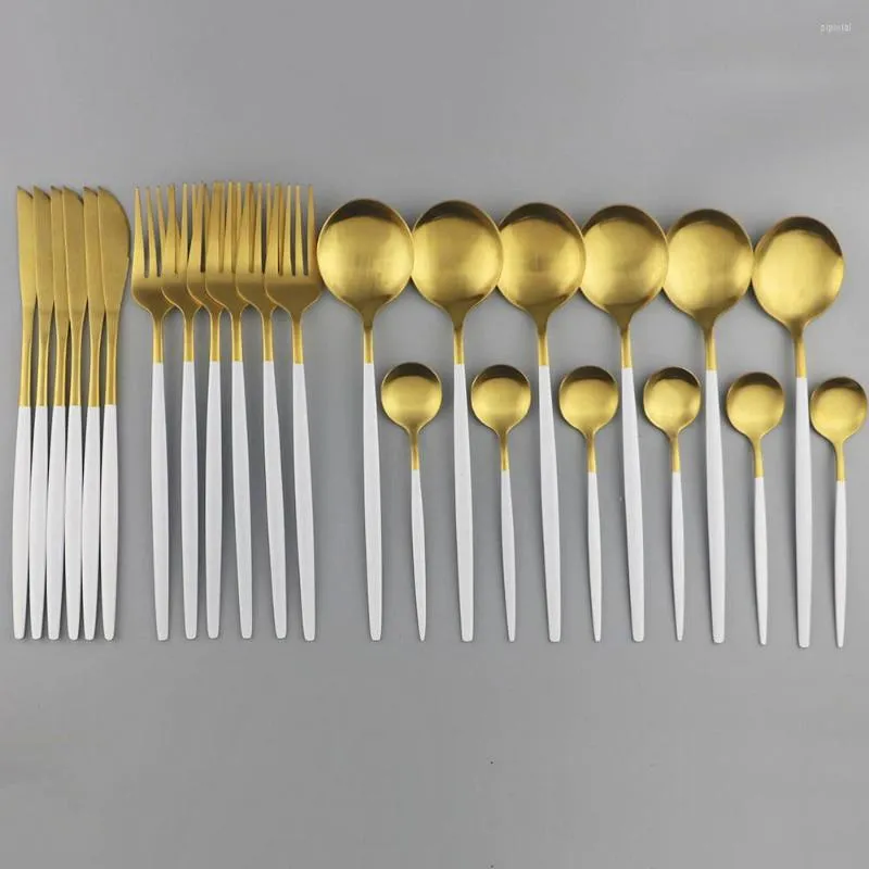 Ensembles de vaisselle 24 pièces ensemble en or blanc 304 vaisselle en acier inoxydable fourchette cuillère couteau couverts cuisine mat dîner couverts