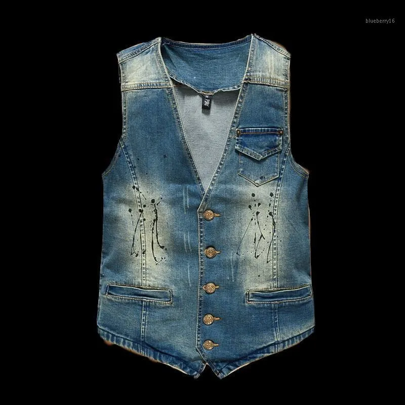 Mäns västar män denim väst vintage design manlig mode ärmlösa jackor man jeans märke kläder waistcoat1