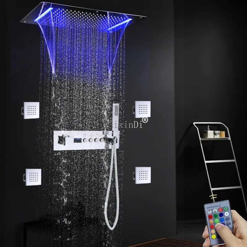 Plafond ingebedde 28 * 15 inch LED regenwaterval douchekop badkamer temperatuurweergave thermostatische douchekraan set