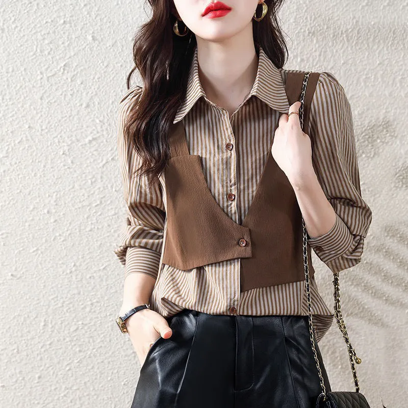 Women's Blouses Shirts Stylish Lapel Button Spliced Striped Fake Two Pieces Shirt Women's Clothing Autumn Casual Tops Irregular Blouse 230306