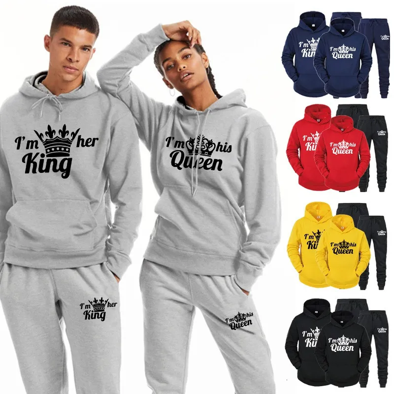 Men's Tracksuits Lover Tracksuit Hoodies Printing QUEEN KING Couple Sweatshirt Plus Size Hooded Clothes Hoodies Women Two Piece Set 230306