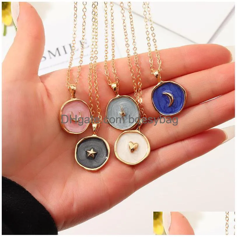 Pendentif Colliers À La Mode Étoiles Lune Coeur De Mode Femmes Alliage Longues Chaînes Ronde Amour Collier Bijoux Pour Filles Drop Delivery Pendentif Dhurq