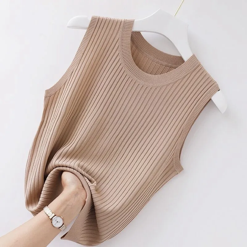 Women's Tanks Camis Casual Camisole Women's Summer Inner Ice Silk Bottoming O-neck Solid Short Knit Sweater Thin Slim Sleeveless Women 230306