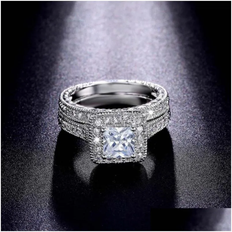 Band Rings Sierplated Diamond Fashion Luxury Couple Square Ring Set Drop Delivery Jewelry Dhh5P