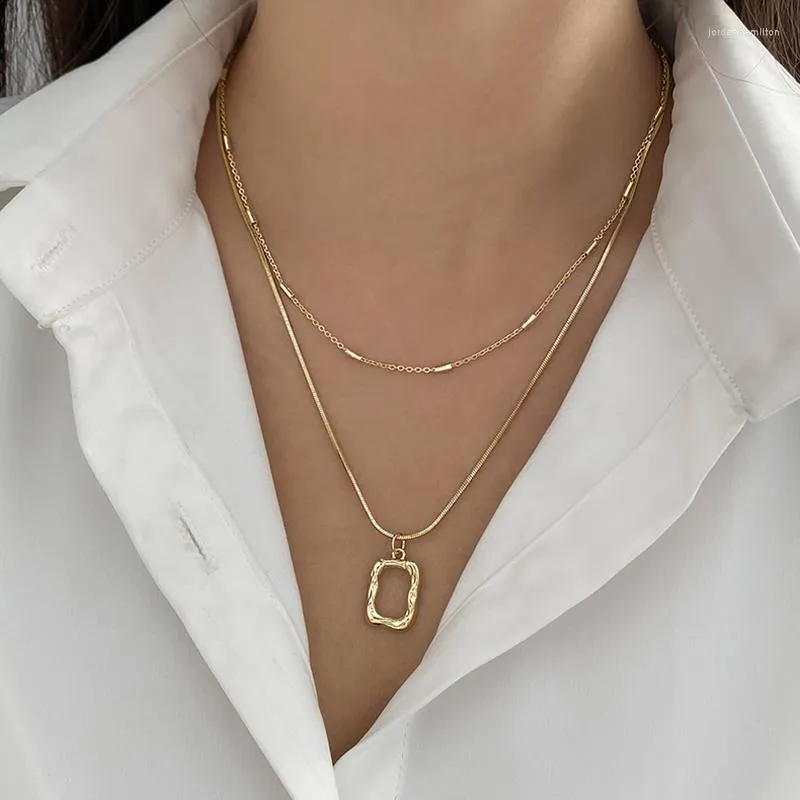 Pendanthalsband ins 14k Real Gold Square Double Chain Choker Trendy Exquisite Plated Halsband smycken Kreativitet Design för kvinnor