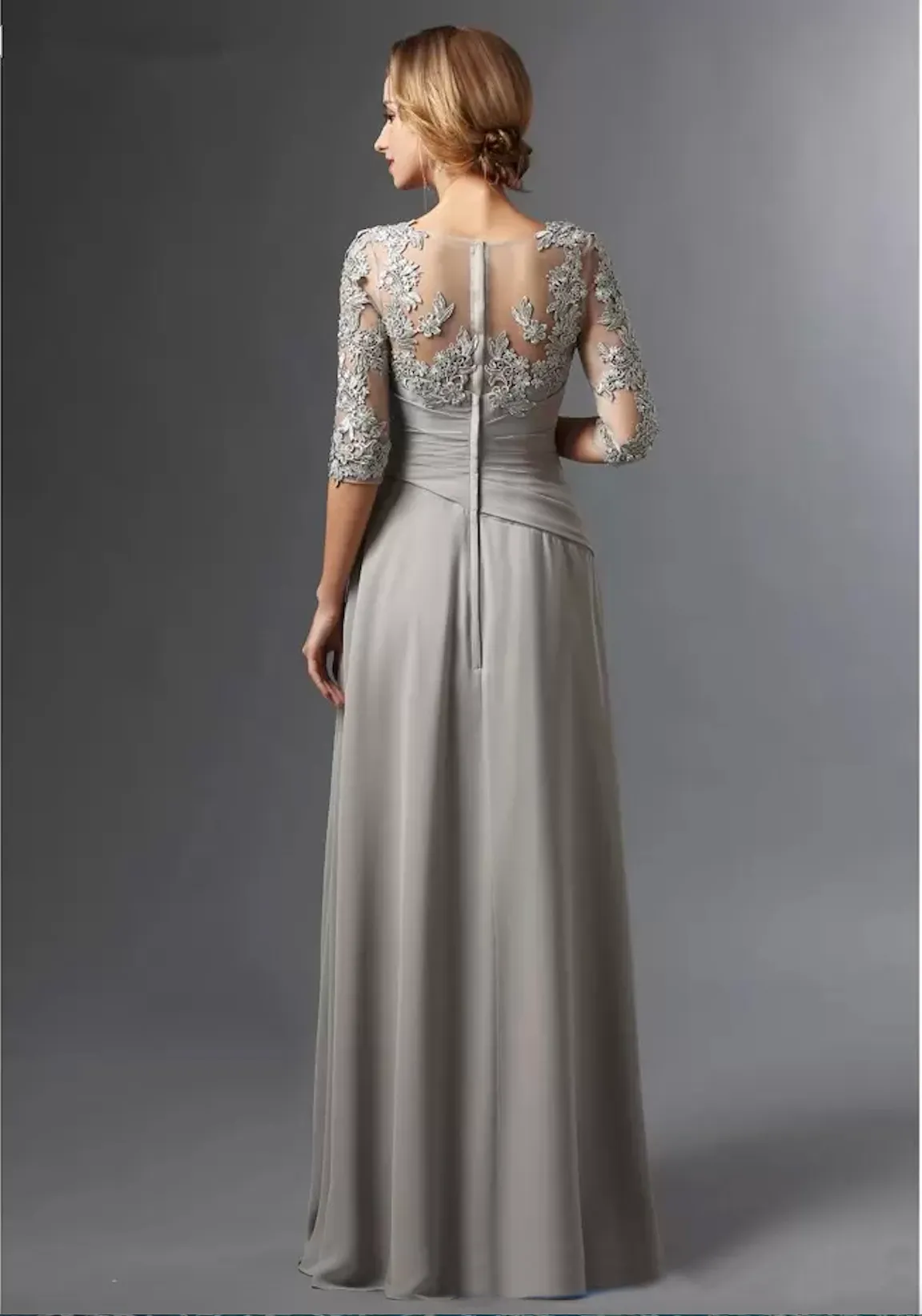 New Silver Mother Of The Bride Dresses A-line Half Sleeves Chiffon Lace Plus Size Long Elegant Groom Wedding Party Gown
