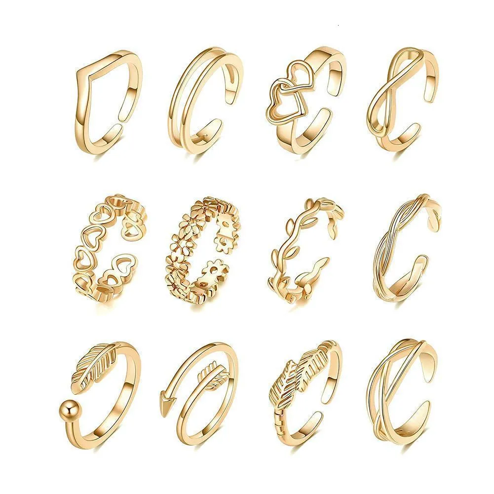 Anéis de cluster 12pcs de ponta ajustável para mulheres meninas simples praia aberta conjunto de penas fofas jóias de pé de verão 230303