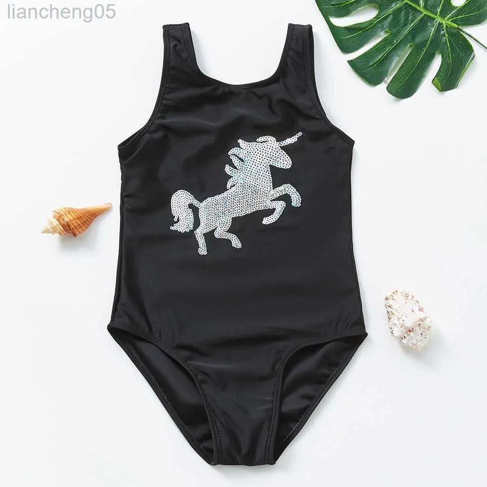 One-Pieces 2021 Girls Swimsuit Sequined Bathing Suit 2-9years Black Unicron One Piece Swimsuit Children Summer Swimwear W0310