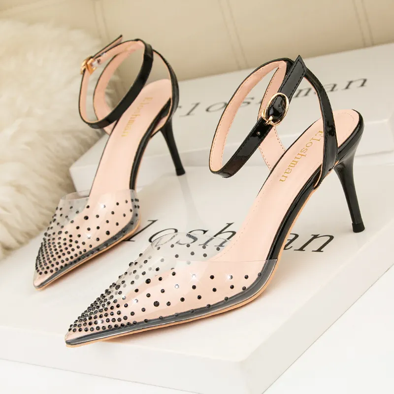 Transparent PVC Rhinestone Women Pumpar Fashion Silver Pointed Toe Sandals High Heels Crystal Wedding Party Shoes