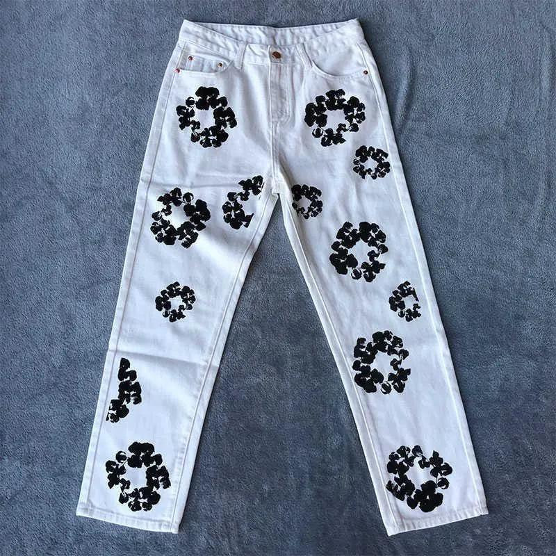 Mens White Skinny Jeans Slim Fit Stretch Denim Pants with Floral