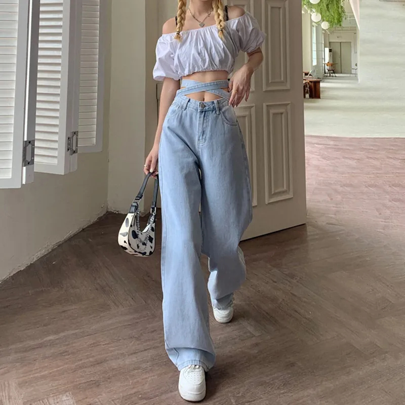 Jeans de mujer Pantalones de mezclilla Mujeres Sexy Versi n coreana Retro Cintura peque a Jeans azul claro Corbata de mujer Cintura alta Pantalones
