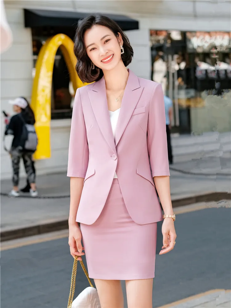 Tvådelt klänning Kvinnokontor kostym Pink Office Ladies Blazer och kjol 2 -stycken Set Thin Jack kjol Sepatetely Work Uniform Business Work Wear 230306