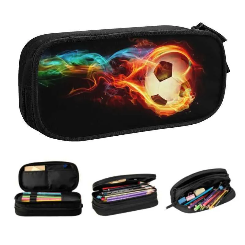 Sacs à crayons Kawaii ballon de football flammes trousse à crayons pour filles garçons grand rangement Football flambant sac à crayons fournitures scolaires J230306