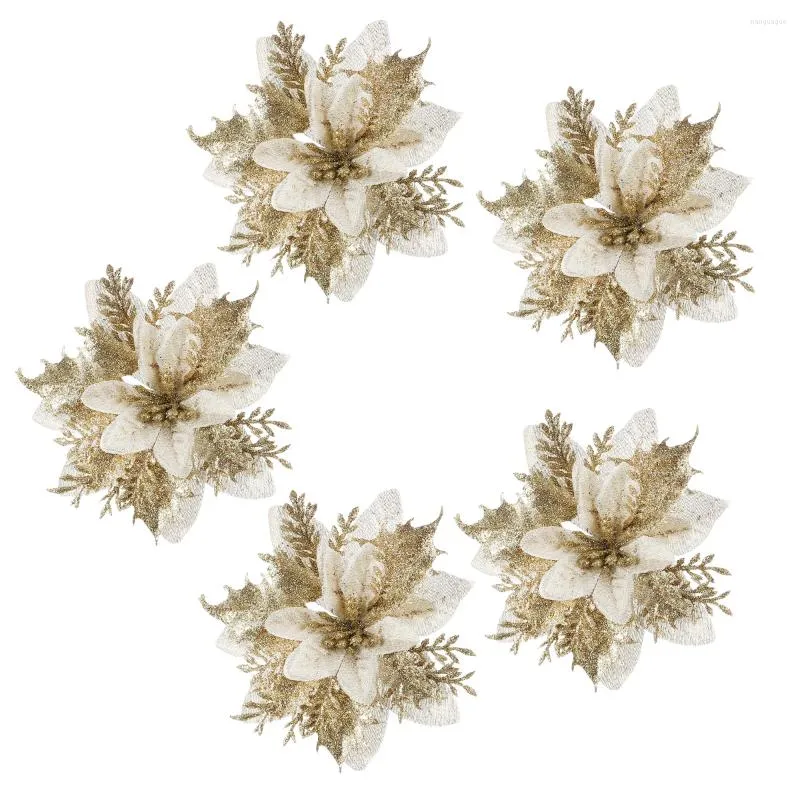 장식용 꽃 크리스마스 포인세티아 인공 꽃 반짝이는 나무 장식 가짜 픽 웨이 스템 스템 장식 금 장식품