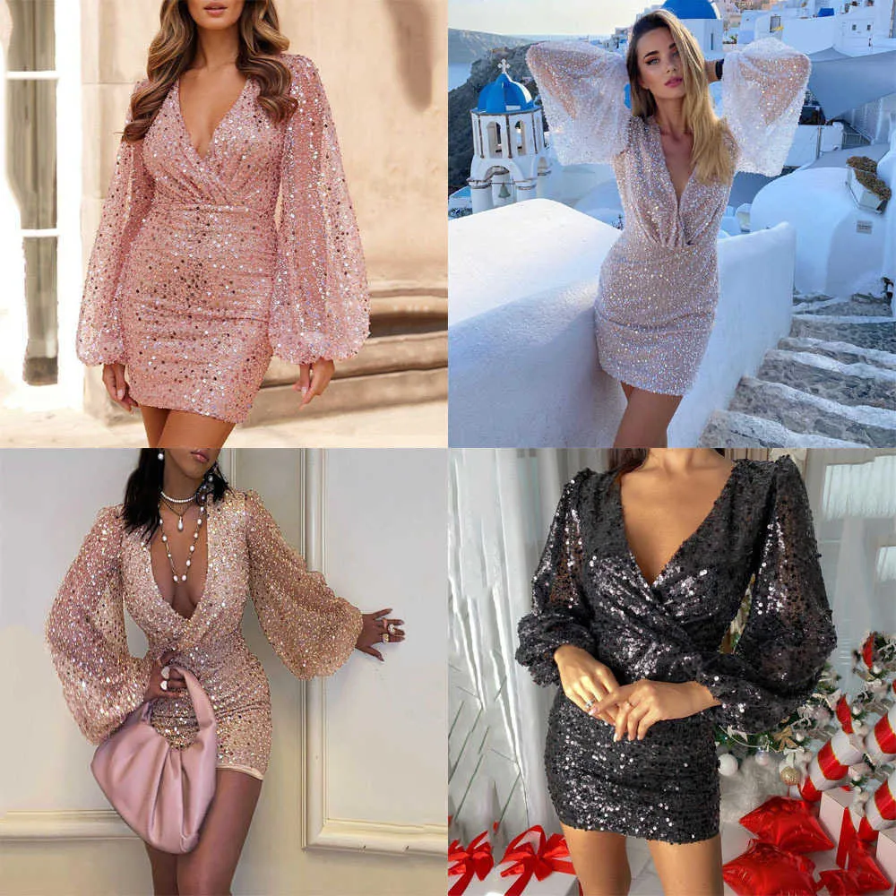 Casual Dresses 2023 new women's dress long-sleeved V-neck sequin waist wrap hip skirt T230303