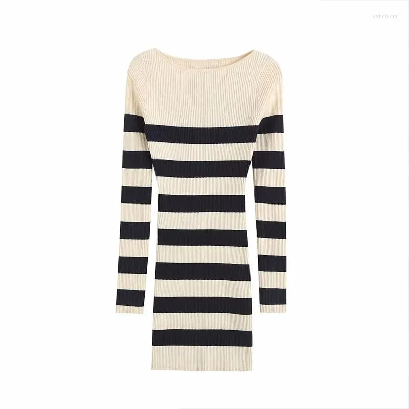 Casual Dresses Zatrhmbm Women 2023 Spring Fashion Striped Knit Mini Dress Vintage O-Neck Longeples Female Vestidos Mujer