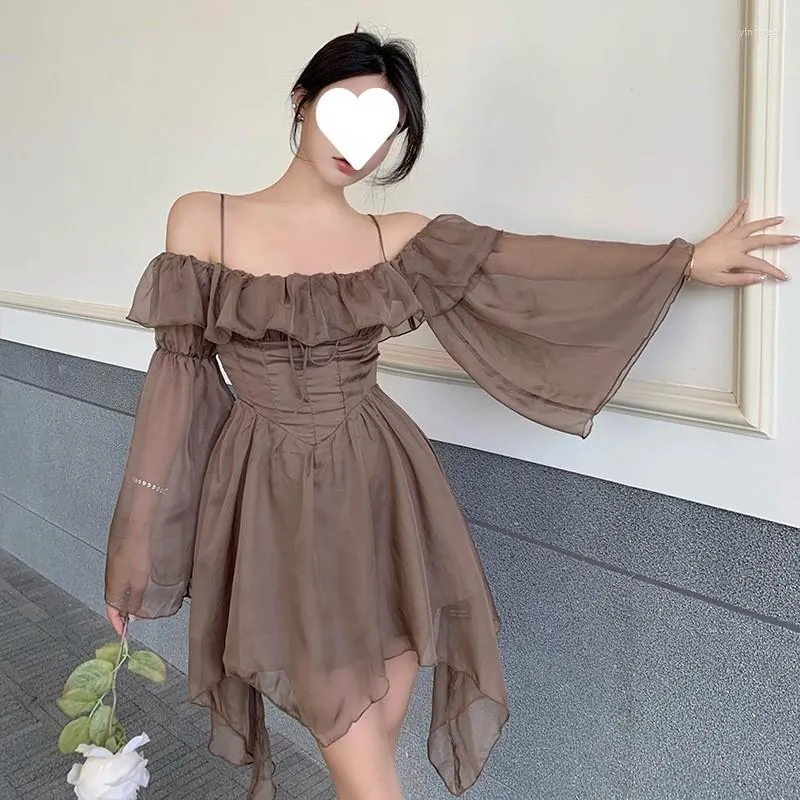 Casual Dresses LOLIBOOK 2023 Women Elegant Solid Off Shoulder High Waist Mini Dress Lady Fairy Holiday Ruffle Y2k Female Beach