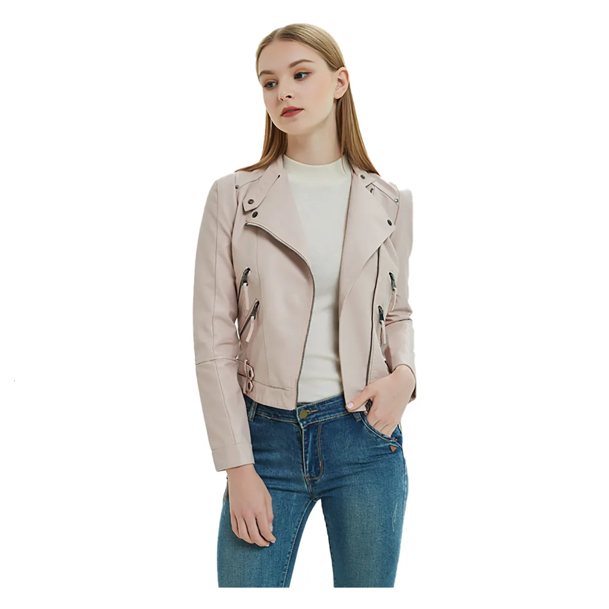 Kurtki damskie skórzana kurtka Lady Fashion Classic Women Krótki płaszcz rowerowy w stylu rocka Lapel Zipper Light Pu Strój uliczny odzież 230307