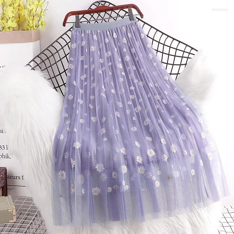 Jupes été maille broderie Floral longue jupe femmes mode élastique taille haute fleur Midi femme décontracté plissé Tulle