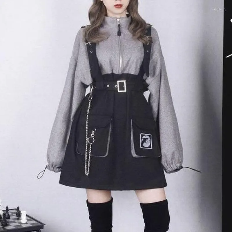 Casual Dresses QWEEK Gothic Punk Mini Dress Women Streetwear Spring 2023 Fashion Goth Harajuku Egirl Long Sleeve Korean Style Kpop