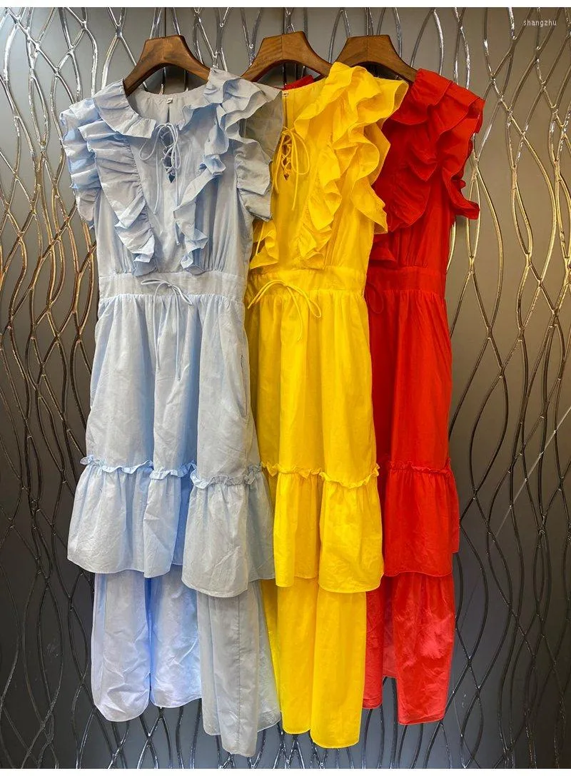 Casual Dresses 2023 Summer Long Dress High Quality Women Sexig Cross String Ruffle Flower Red Yellow Blue Maxi Party