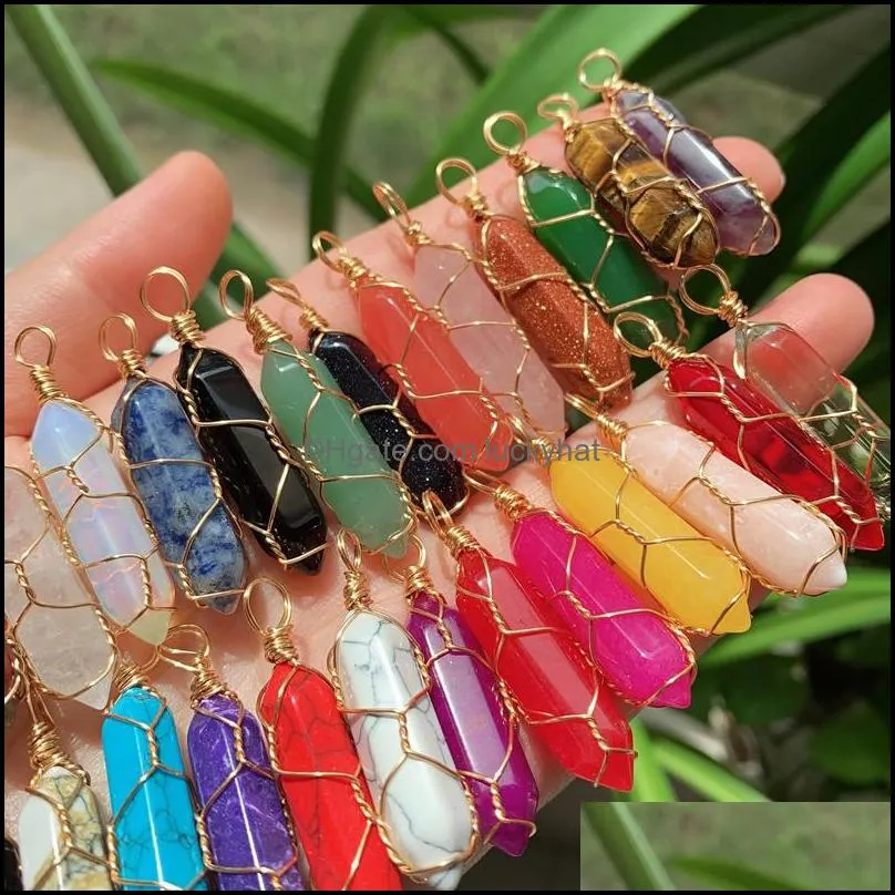 Charms Natural Crystal Stone Reiki Chakra Gold Wrap Wrap Mticolor Rose Quartz Purple Amethyst Point Ponto hexagonal Pendum Drop Deliver