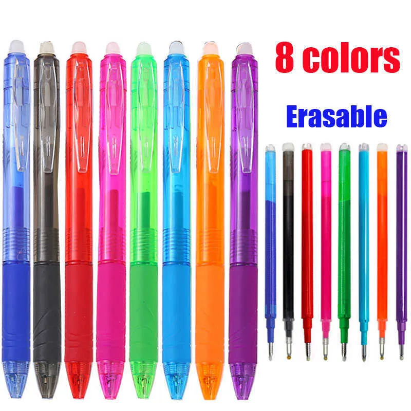 Gel Pens 8 pièces ensemble effaçable stylo recharge 0705mm 8 couleur encre balle pointe Gel stylo lavable poignée tiges pour bureau école écriture papeterie J230306