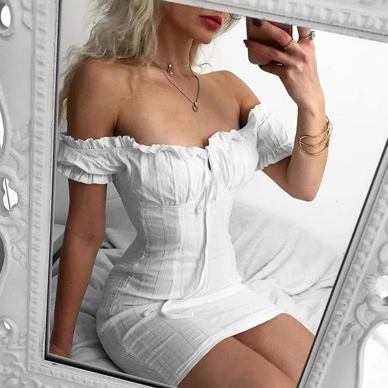 Casual Dresses Women Elegant Bow White Female Mini Dress Summer Party Birthday Festival Cute Sexy Romantic Silk One-line Neck Tube Top