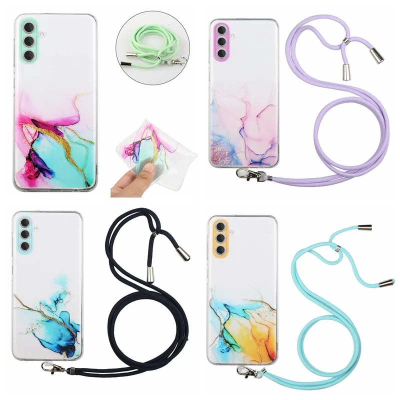 Custodie per cellulari in pietra di marmo per Samsung S24 Ultra Plus A15 A05S Galaxy A55 A35 A25 Custodie di lusso Soft TPU Granito naturale Pelle femminile trasparente con tracolla