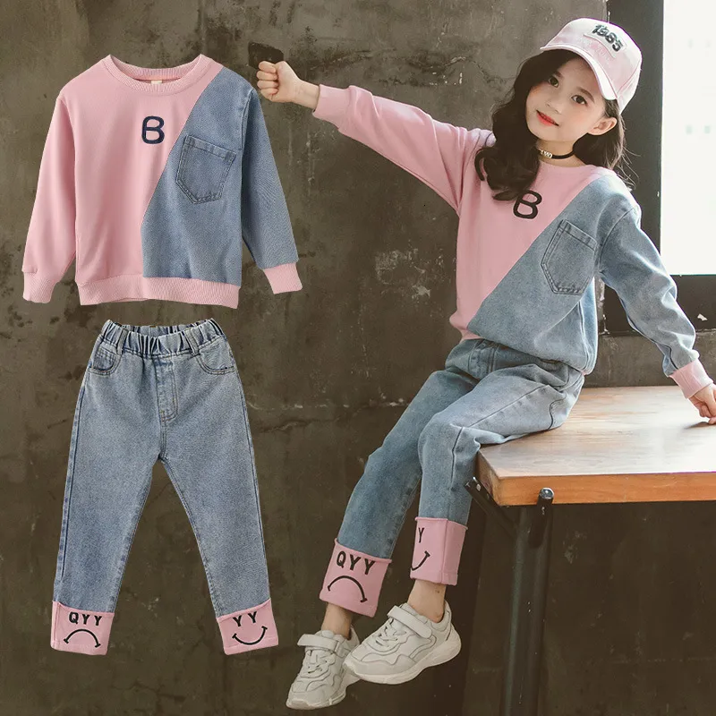 Clothing Sets Spring Autumn Patchwork Kids Tracksuit Contrast Girls Sweatshirt Denim Pant Children 2 Pieces Outfits Hoodie Set 3 16 Years 230307