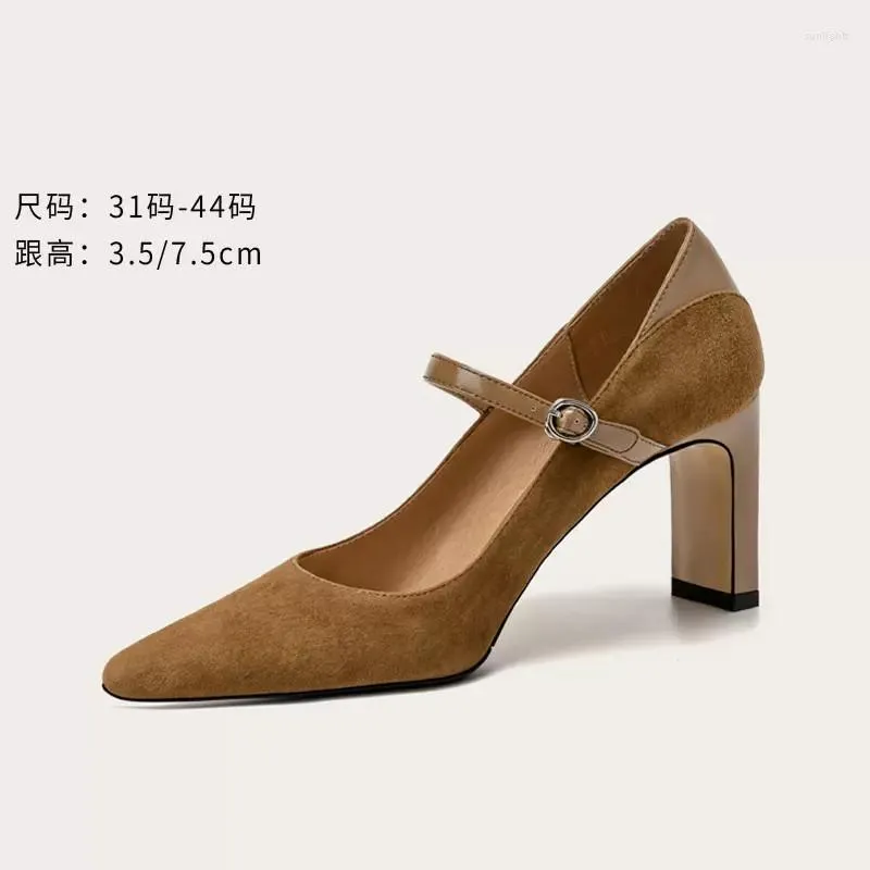 Dress Shoes Spring And Summer Style Square Head Leather Suede Single Thick High-heeled Banquet Large Small Women's