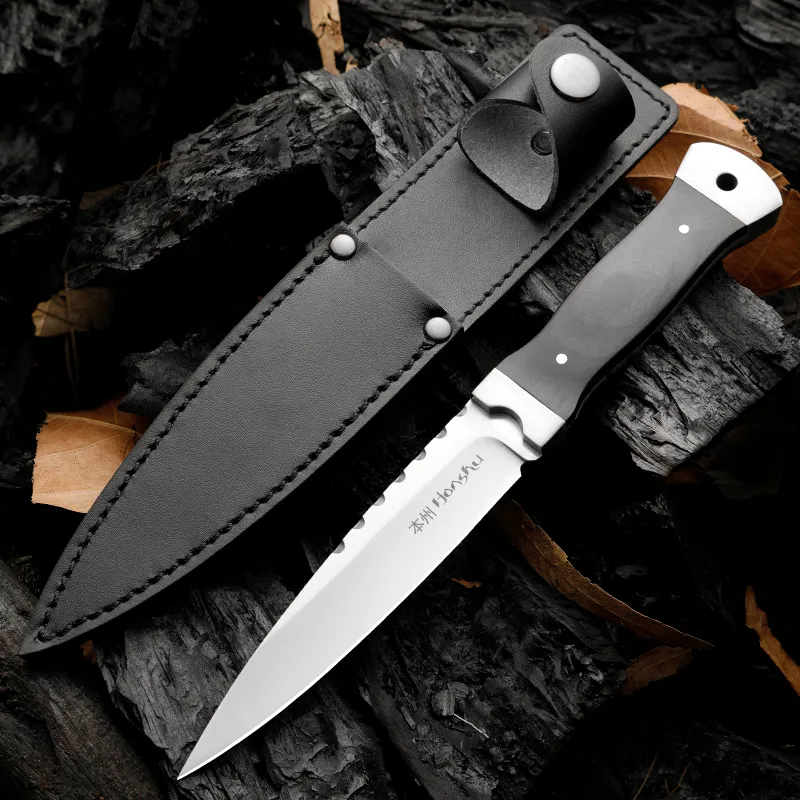 Honshu H9401 Couteau droit de survie 9Cr18Mov Lame satinée Manche en ébène pleine soie Camping en plein air Randonnée Chasse Couteaux à lame fixe avec gaine en cuir