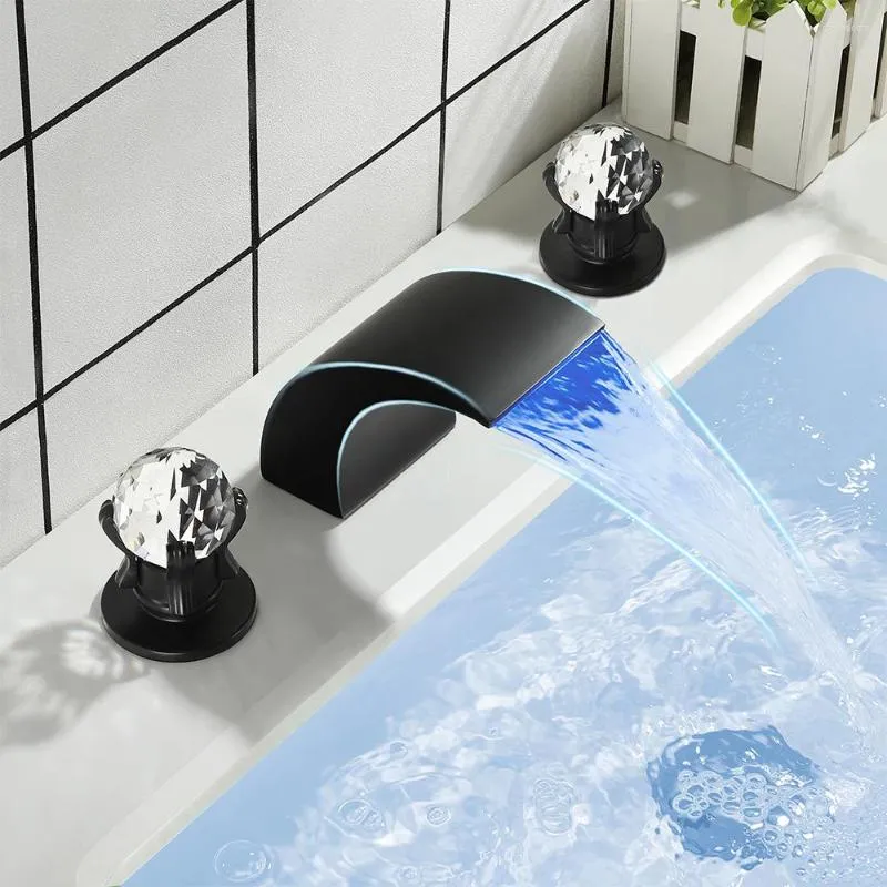 Robinets de lavabo de salle de bain SKOWLL LED robinet de lavabo noir cascade montage sur pont baignoire 2 poignée en cristal mitigeur de vanité mat