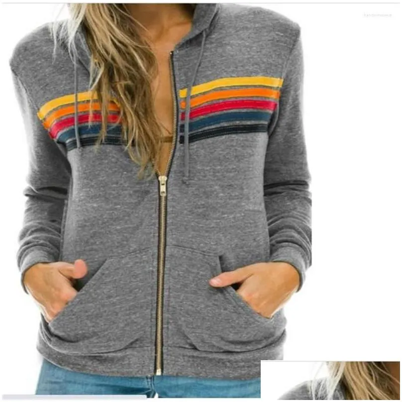 zipup jacket women rainbow stripe splicing hoodies long sleeve casual slim hooded sweatshirts autumn fashion europeusa style