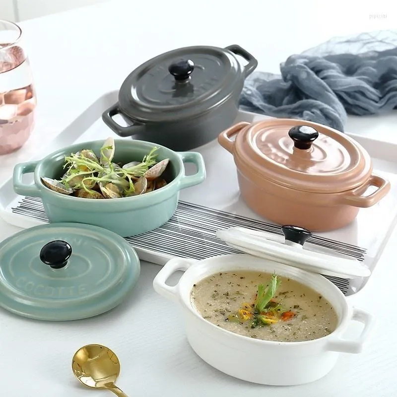 Bols bol à soupe en céramique avec couvercle vaisselle Double oreilles cuisson pot à ragoût conteneur pour four à micro-ondes cuisine vaisselle