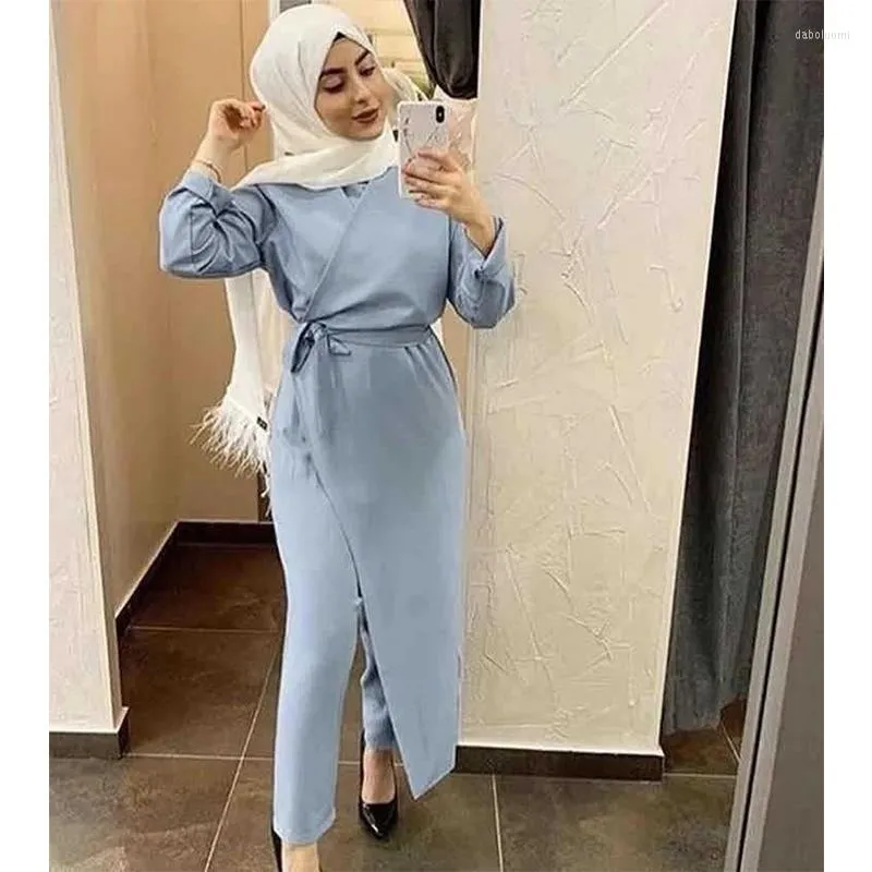 Vestidos casuais macacões seitos muçulmanos vestidos mulheres mulheres elegantes retalhos de retalhos saia de perna larga calças que combinam terno Islam Dubai Turquia abaya verão