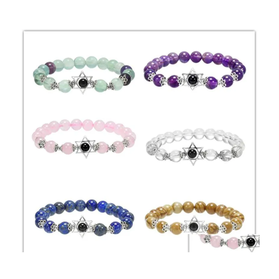 Fili di perline Bracciale con perline Hexagram Star Healing Crystal Stone Stretch Waterdrop Bracciali 8Mm Ornamento a mano intarsiato Drop Delive Dh09S