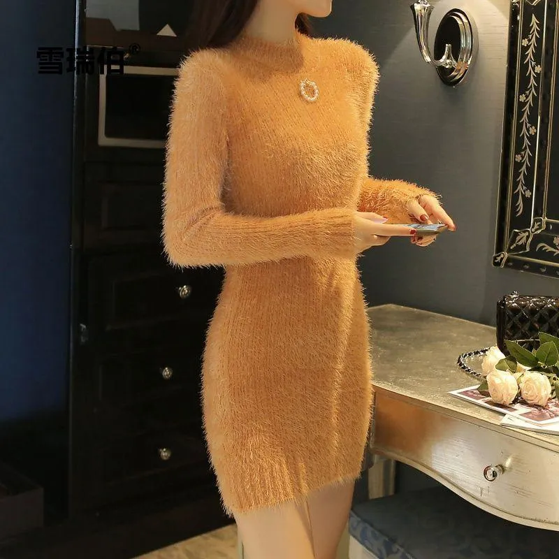 Robes décontractées imitation Robe de pull en laine de vison pour l'année 2023 Automne Winter Femme Sexy Mini Bodycon Long Manches Viens de haut