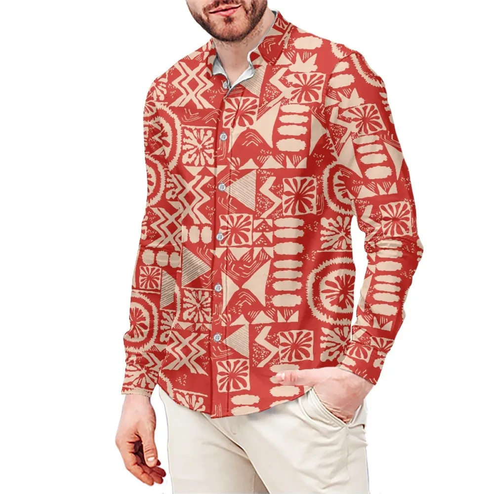 Men's Casual Shirts Samoan Fijian Tapa Print Custom Long Sleeve Pullover Red Leisure Men Shirt Stand Collar Tops Polynesian Tribal Clothing 230306