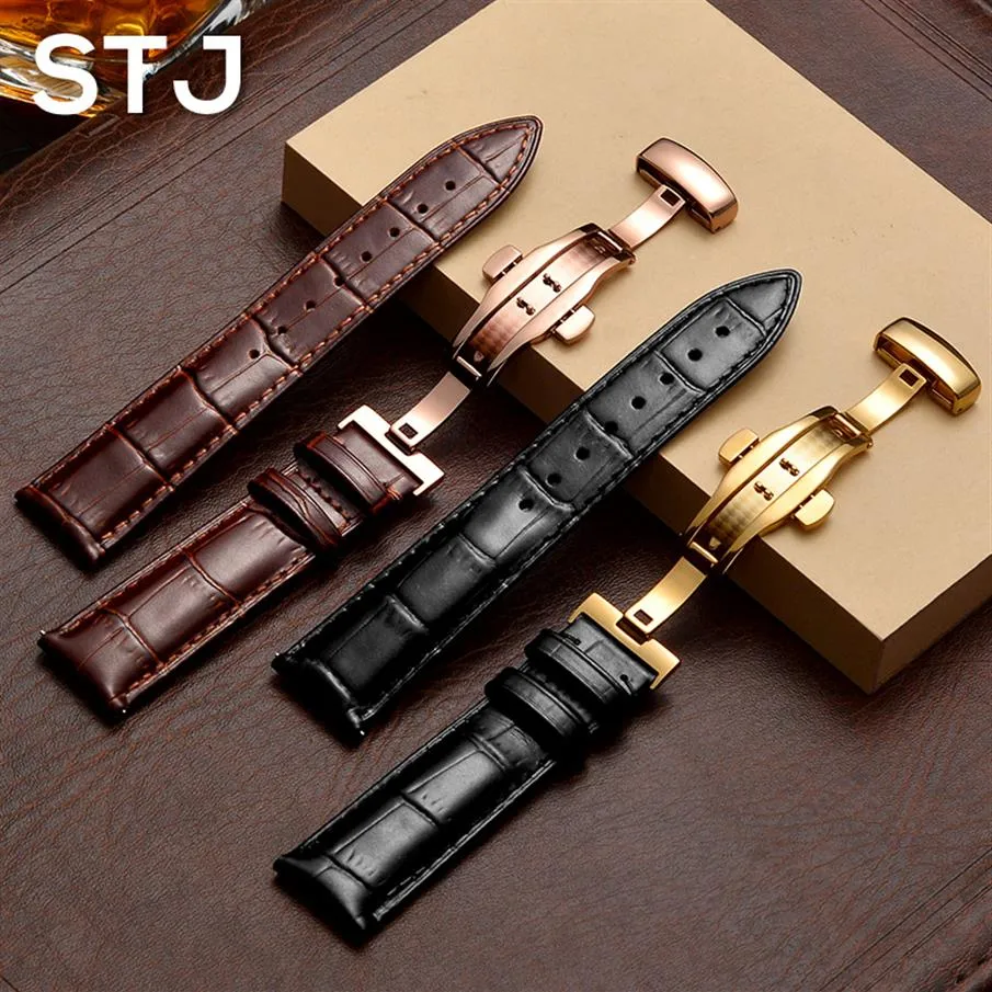 STJ CALFSKIN LEATHER WACKBAND SIZE I 16mm 18mm 19mm 20mm 21mm 22mm Watch Band med Butterfly Buckle för Watch Strap195s