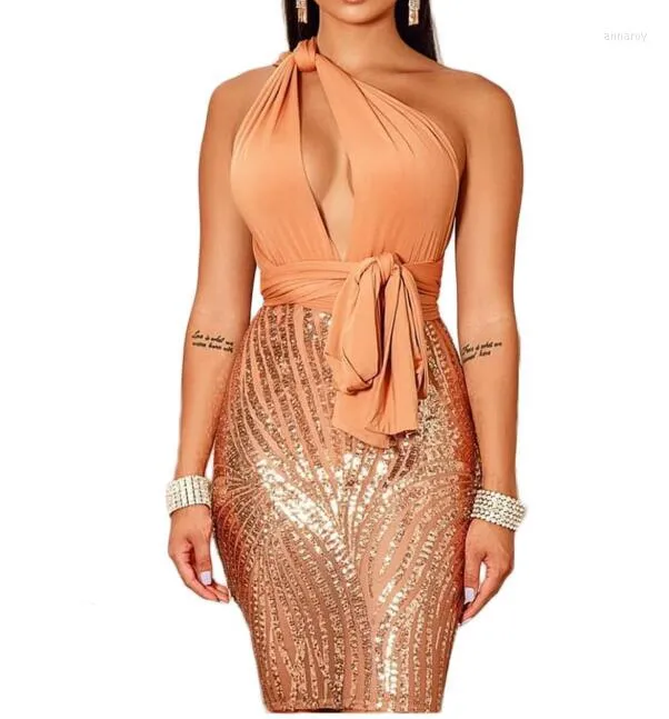 Casual Dresses 2023 Women Dress Summer Sexy Fashion Halter Wrapped Chest Hip Sequins Laced Backless Zipper Mini Penci Party