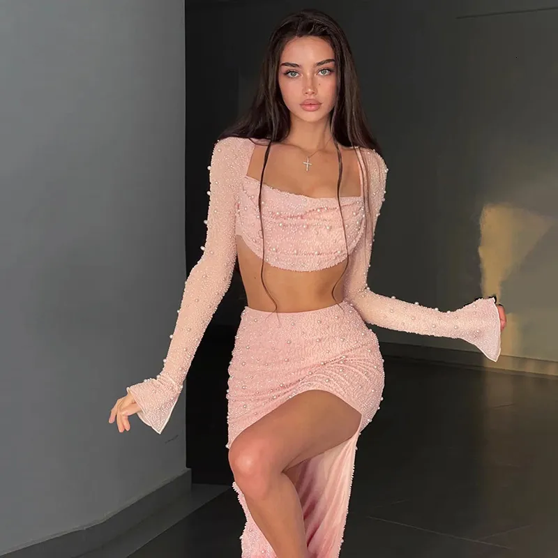 セットアップ HUECLOSET CELEB SQUARE NECK 2-PIECE SET Womens Sexy Pearl Two Piece Dress Set Flare Sleeve Crop Top