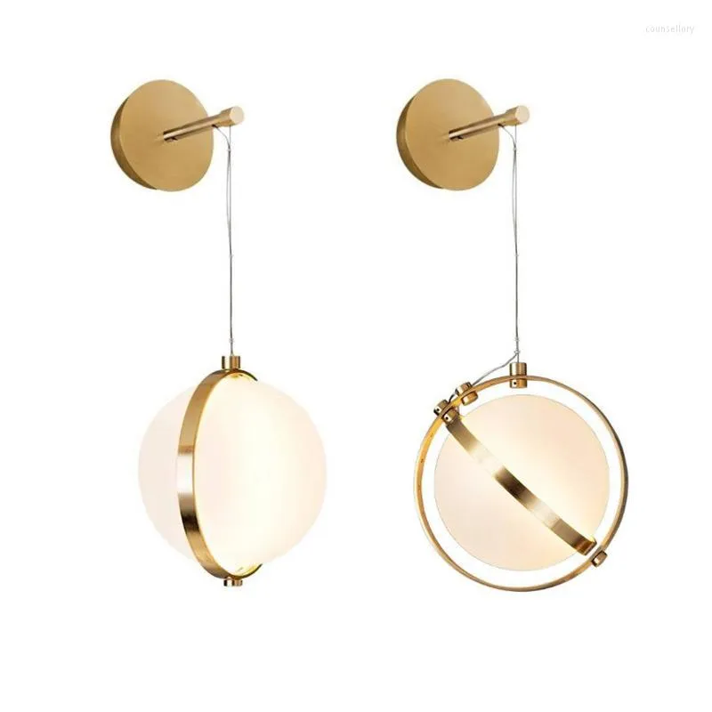 Lâmpadas de parede Modern Ball Shape Fosted Shade LED LED LED com pingente de cordão Montagem de base de metal ajustável para a cabeceira do quarto